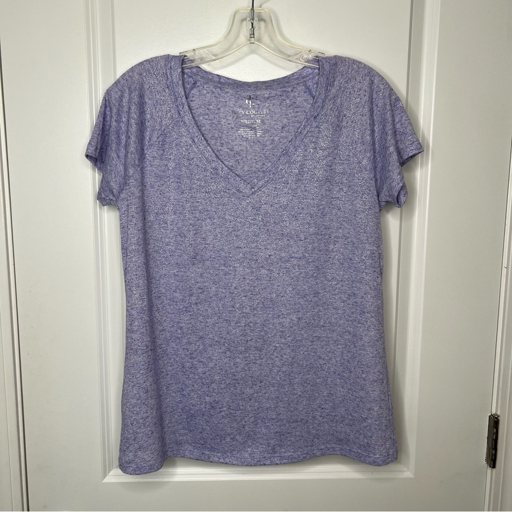 Juicy Couture Lavender V-Neck Tee Sz Medium Subtle Metallic Shimmer